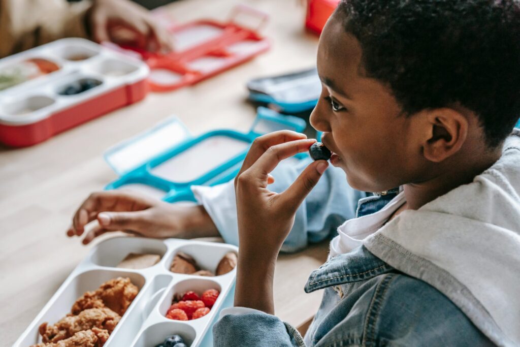 Young boy enjoying a healthy lunch with blueberries indoors.